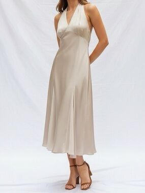 LILYSILK Aster Halter Silk Charmeuse Chiffon Dress, Light Apricot, 6 (US)